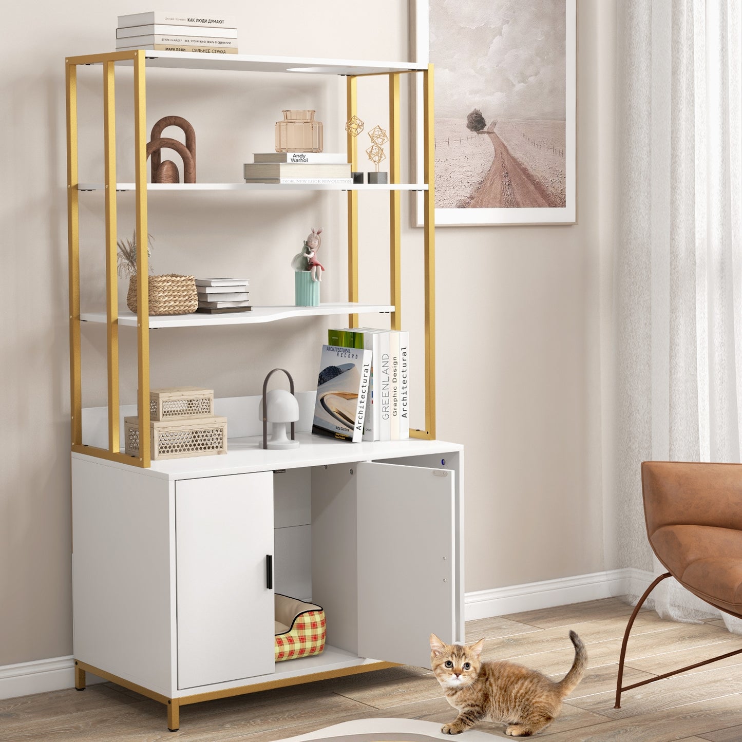 Cat Litter Box Enclosure with Storage and 3-tier Shelves, White Cat Houses at Gallery Canada