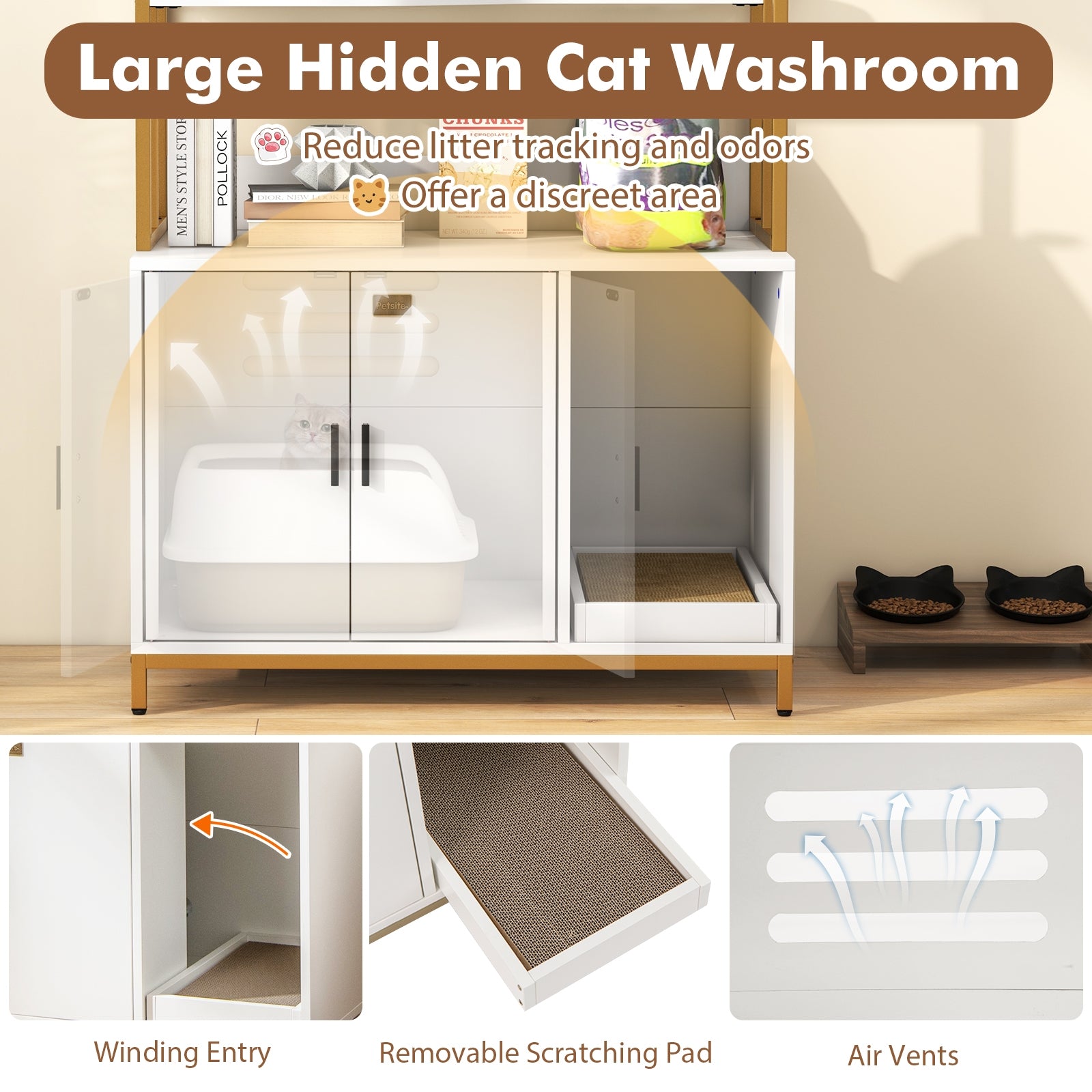 Cat Litter Box Enclosure with Storage and 3-tier Shelves, White Cat Houses at Gallery Canada