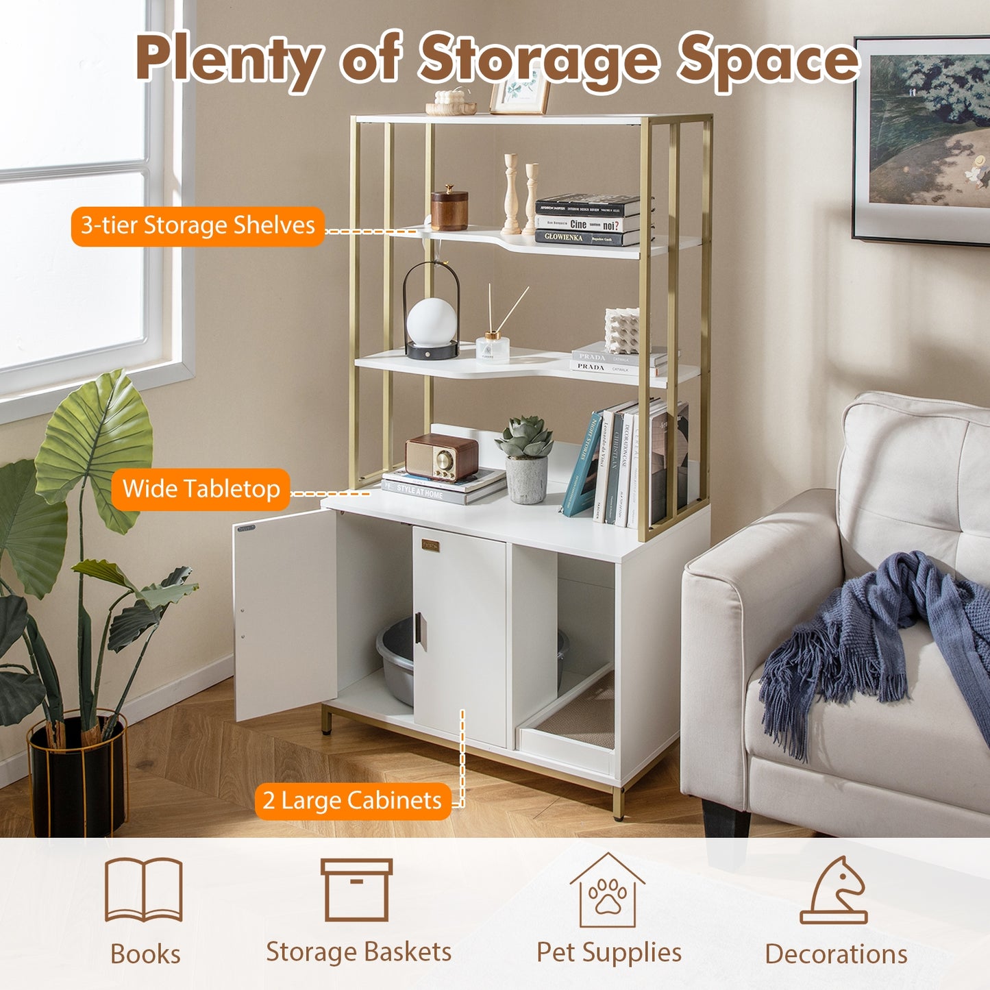 Cat Litter Box Enclosure with Storage and 3-tier Shelves, White Cat Houses at Gallery Canada