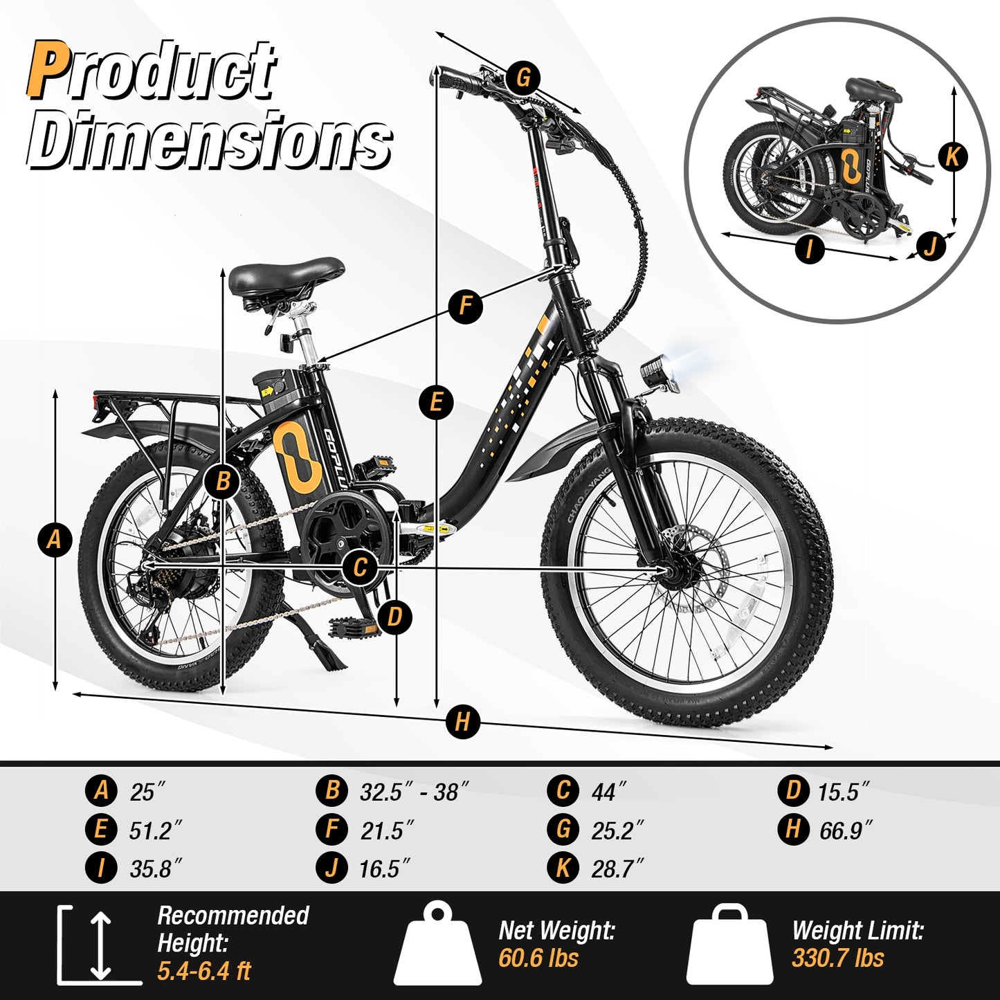 Folding Electric Bicycle, 20-Inch Fat Tires Snow E-Bike, Black
