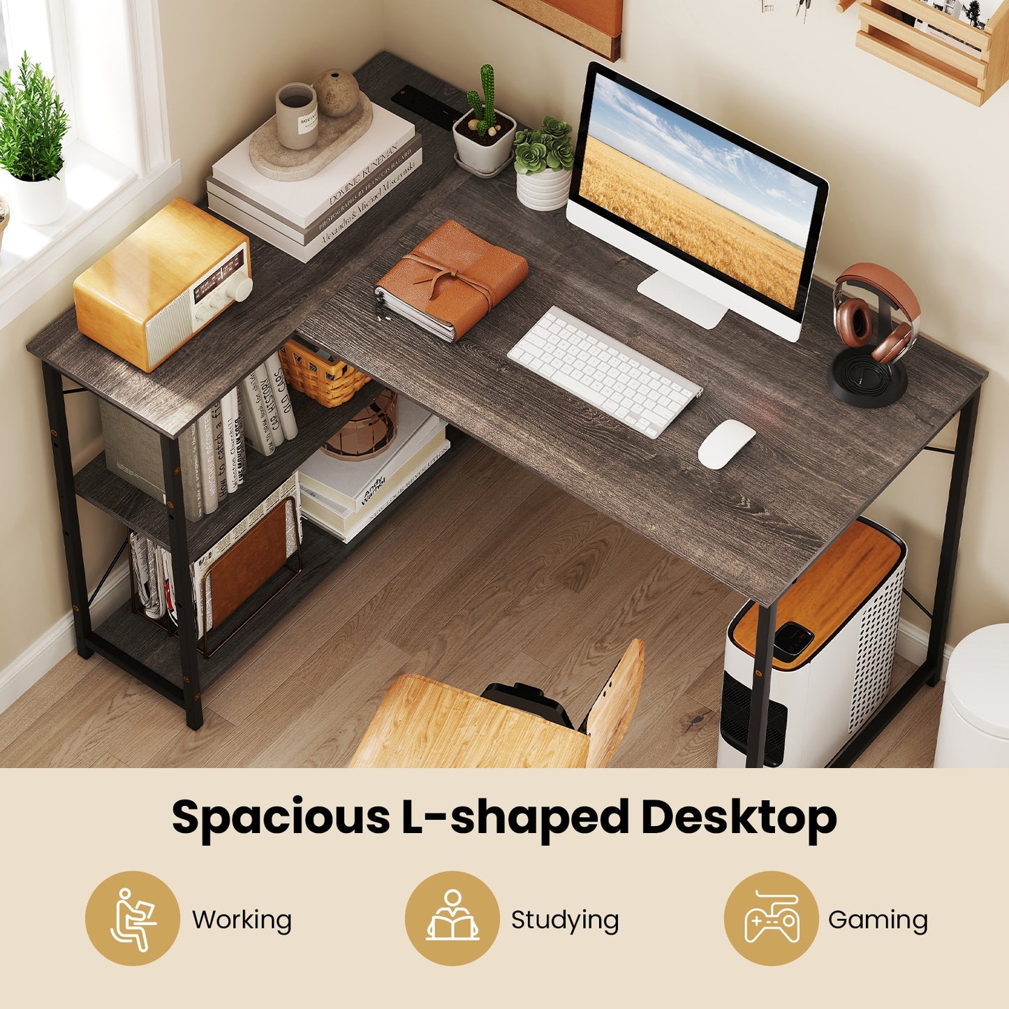 L-shaped 47 Inch Reversible Corner Desk with Adjustable Storage Shelves, Gray L-Shaped Desks at Gallery Canada