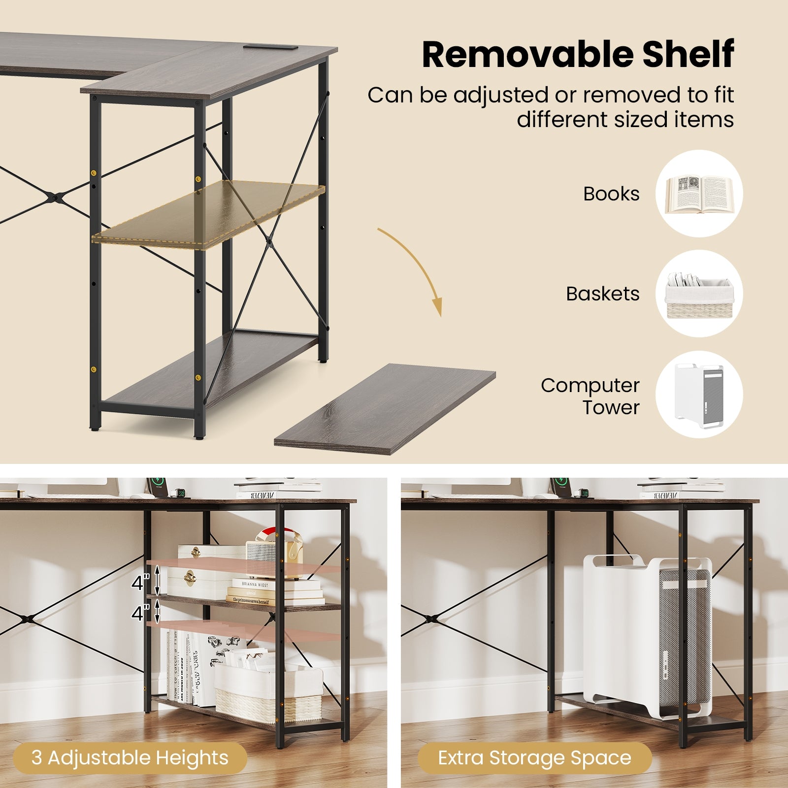 L-shaped 47 Inch Reversible Corner Desk with Adjustable Storage Shelves, Gray L-Shaped Desks at Gallery Canada