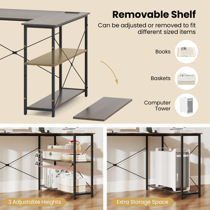 L-shaped 47 Inch Reversible Corner Desk with Adjustable Storage Shelves, Gray L-Shaped Desks at Gallery Canada