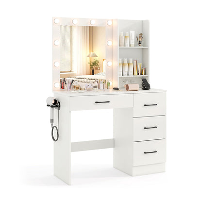 Vanity Desk With 3-Color Lights, Power Outlets, White