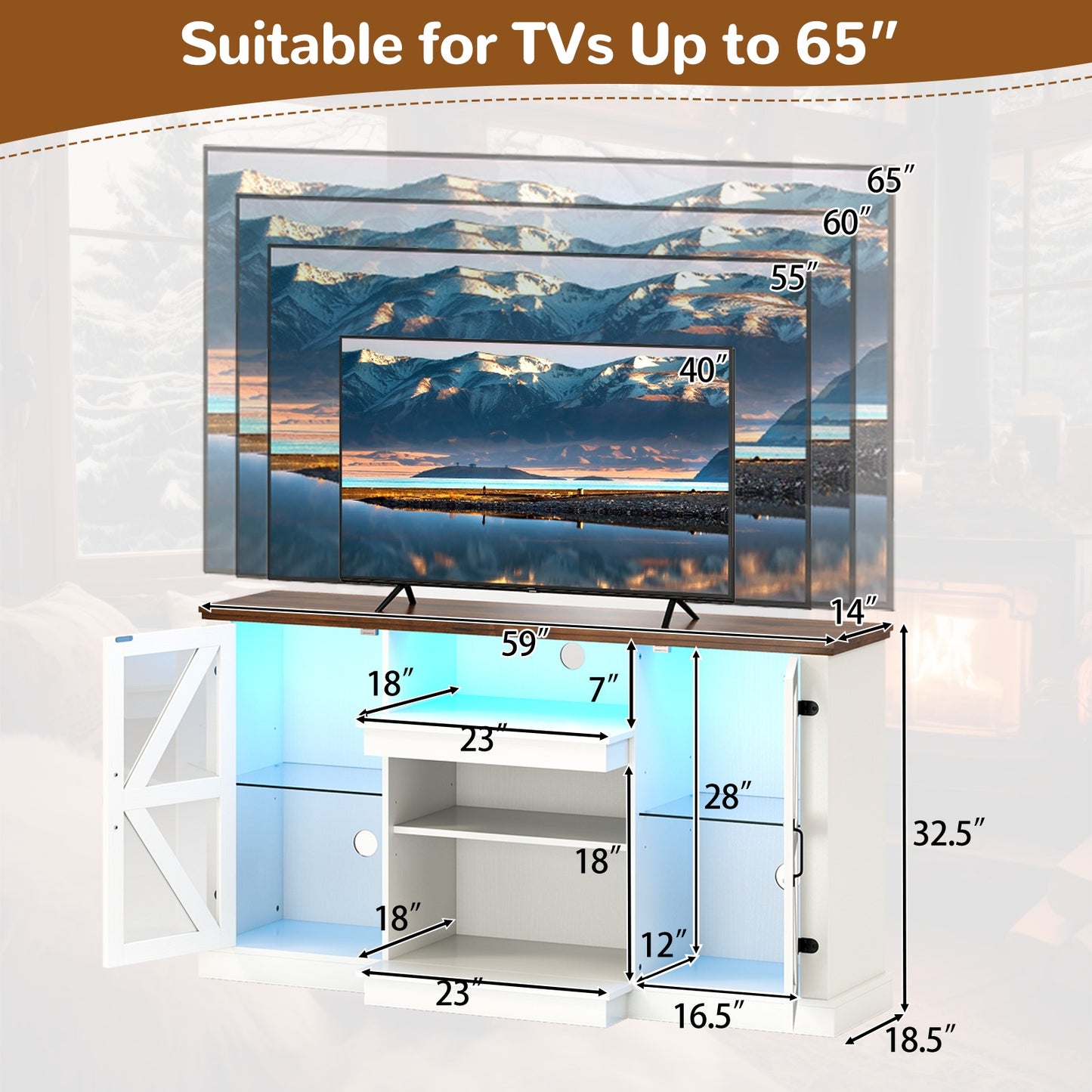 59 Inch Media Console Table, 3 Level Shelves, 22 Dynamic Modes, White Entertainment Centers & TV Stands at Gallery Canada