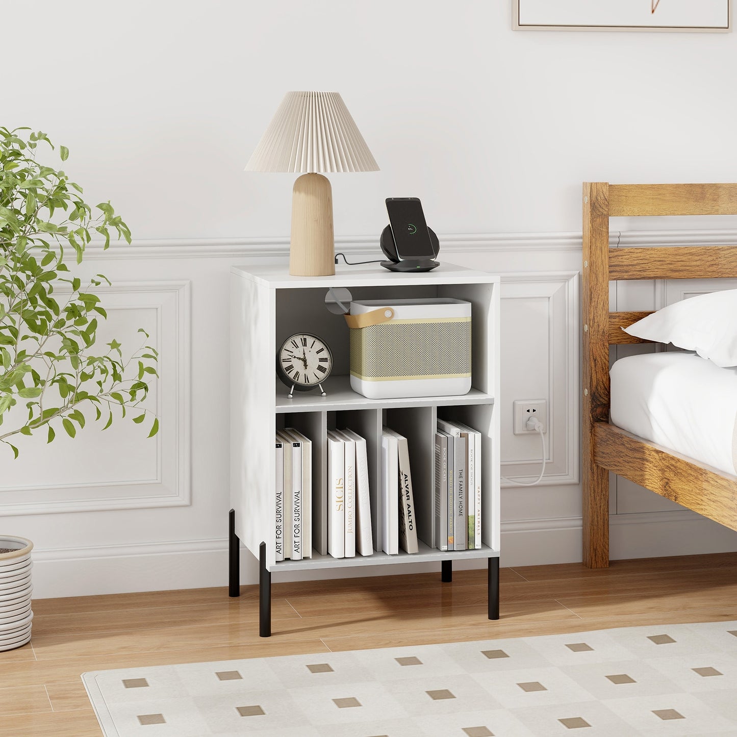 Record Player Stand with Record Storage Shelf and Charging Station, White End & Side Tables at Gallery Canada