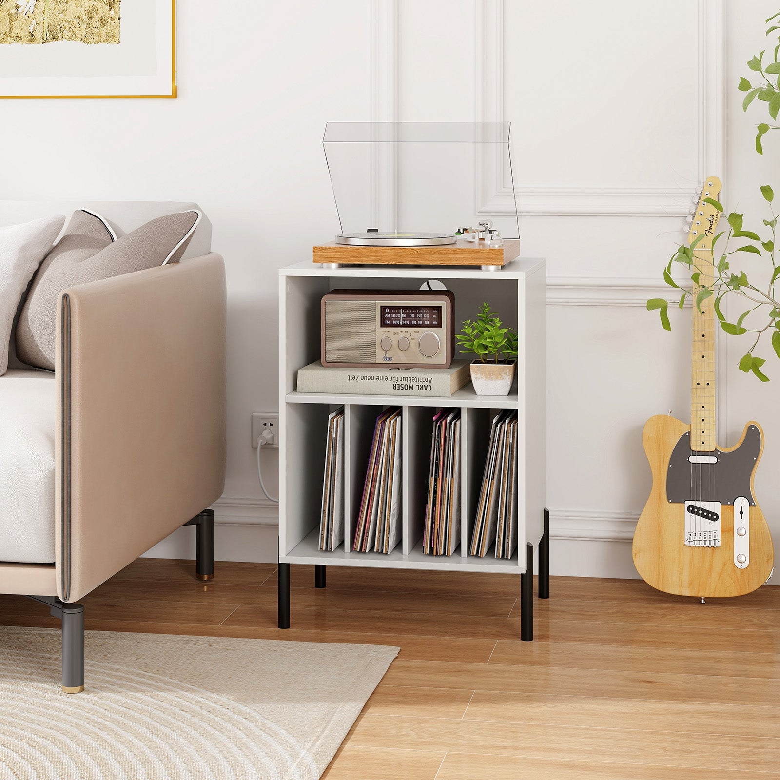 Record Player Stand with Record Storage Shelf and Charging Station, White End & Side Tables at Gallery Canada