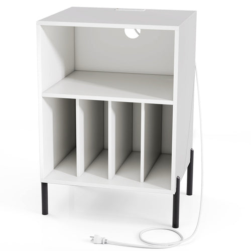 Record Player Stand with Record Storage Shelf and Charging Station, White