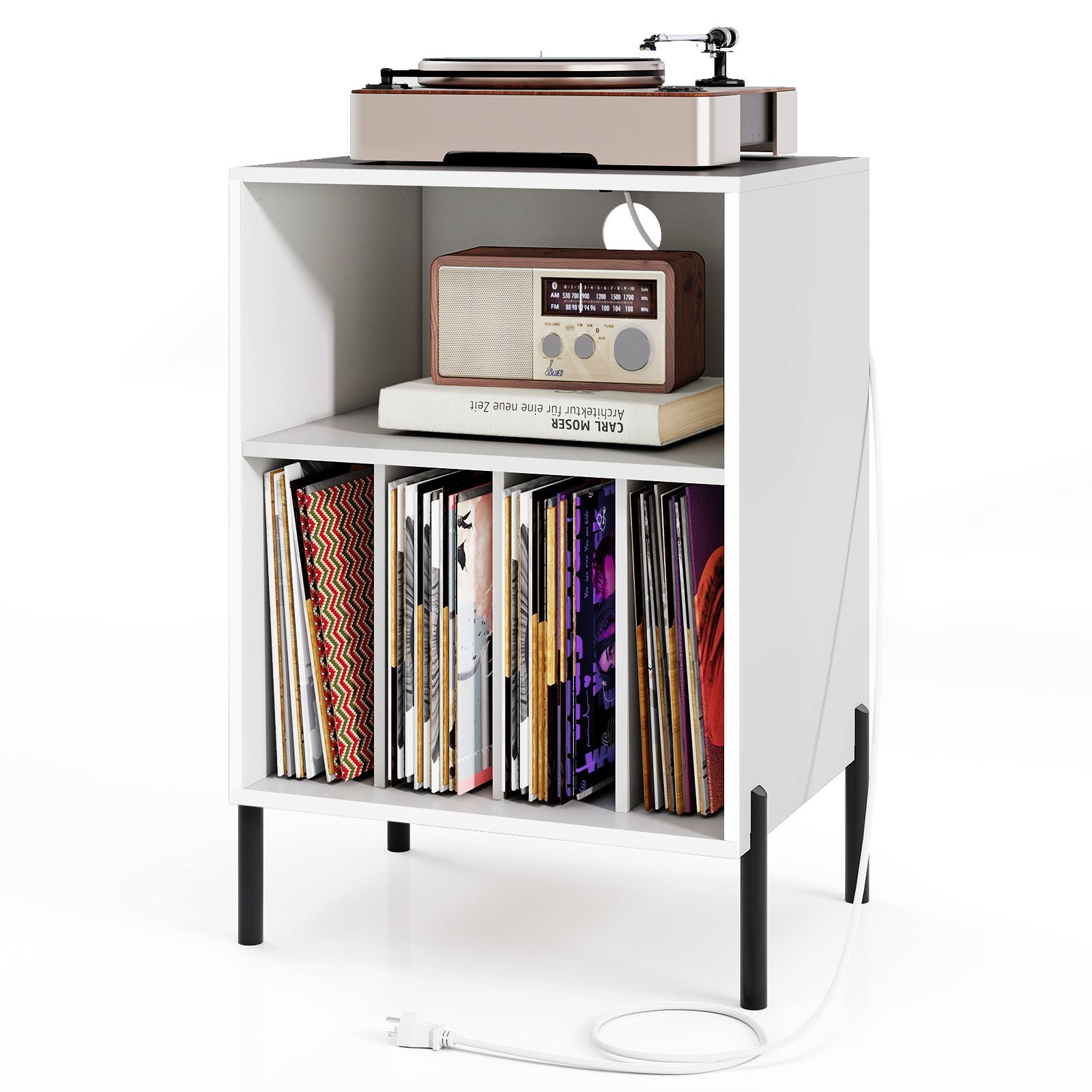 Record Player Stand with Record Storage Shelf and Charging Station, White End & Side Tables at Gallery Canada