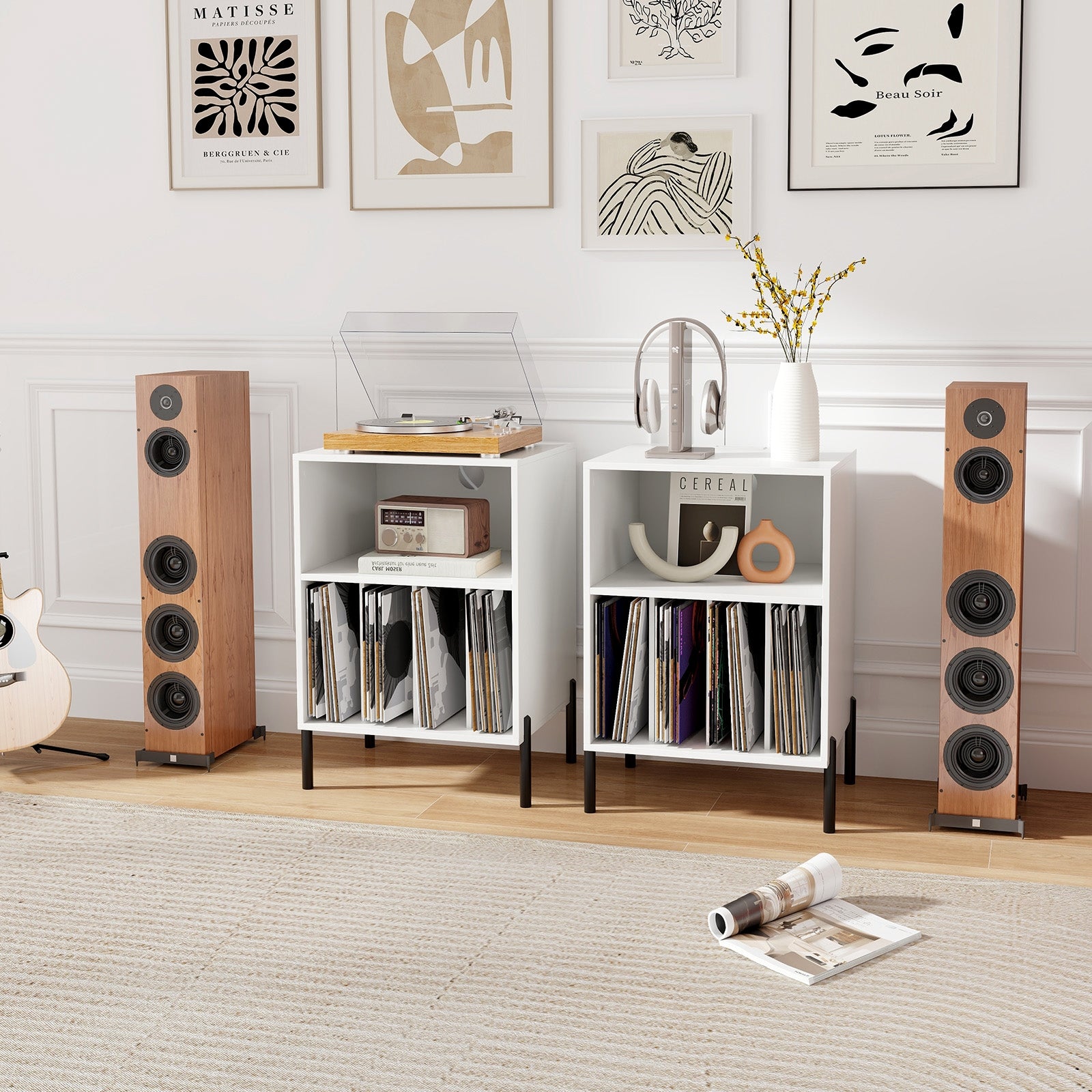 Record Player Stand with Record Storage Shelf and Charging Station, White End & Side Tables at Gallery Canada