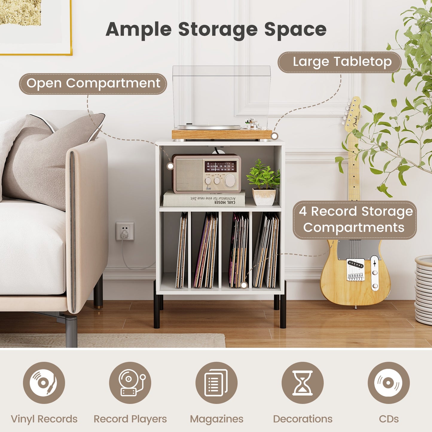 Record Player Stand with Record Storage Shelf and Charging Station, White End & Side Tables at Gallery Canada