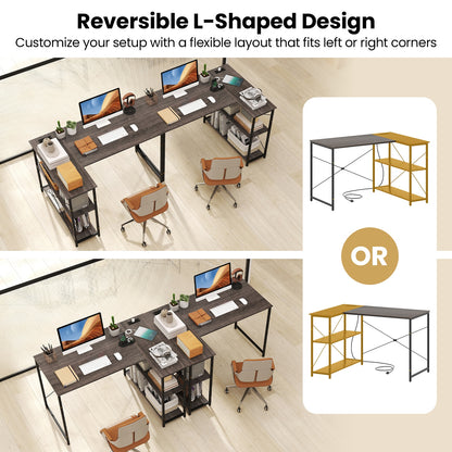 L-shaped 47 Inch Reversible Corner Desk with Adjustable Storage Shelves, Gray L-Shaped Desks at Gallery Canada