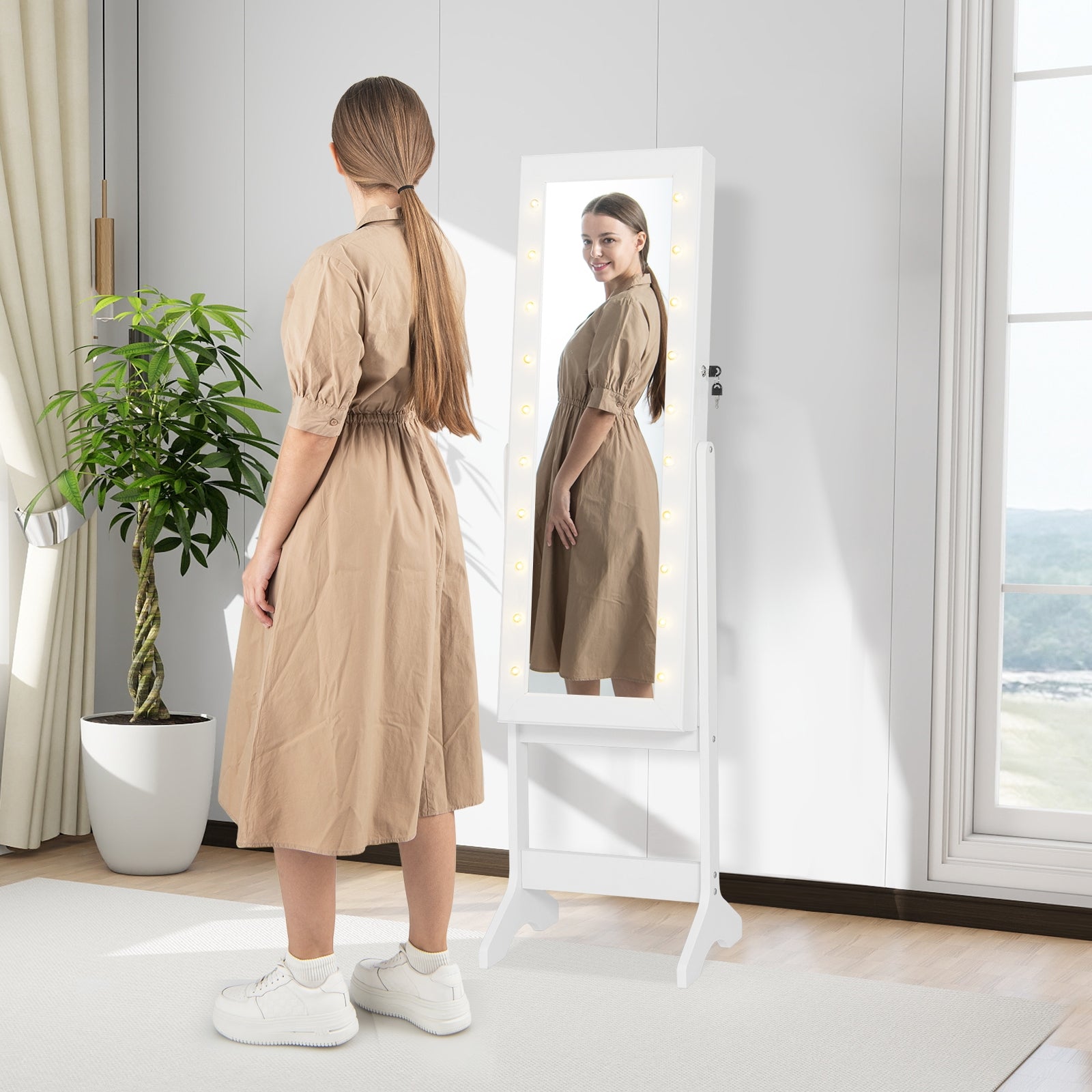 Mirror Jewelry Cabinet with 20 Warm Lights and 4 Tilt Angles, White Floor Mirrors at Gallery Canada