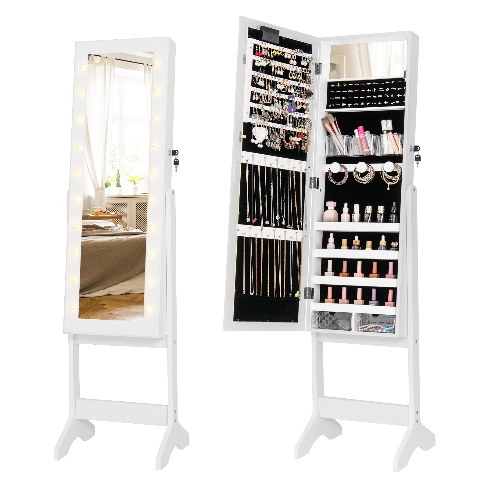 Mirror Jewelry Cabinet with 20 Warm Lights and 4 Tilt Angles, White Floor Mirrors at Gallery Canada