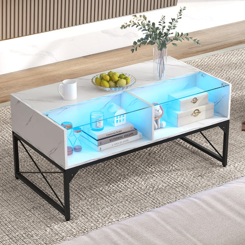 Center Table with Faux Marble and Tempered Glass Top, White