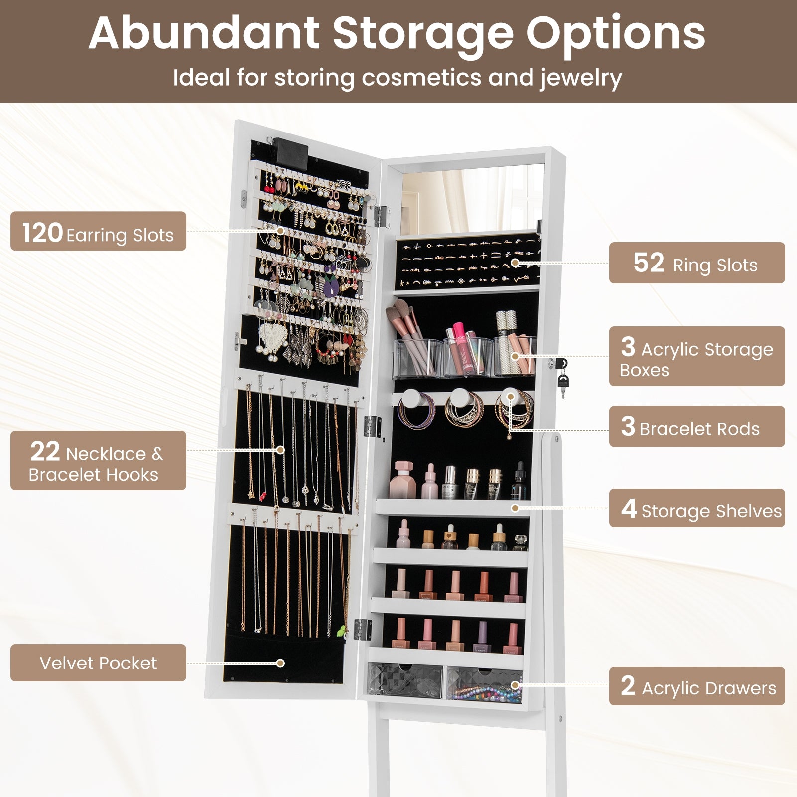 Mirror Jewelry Cabinet with 20 Warm Lights and 4 Tilt Angles, White Floor Mirrors at Gallery Canada