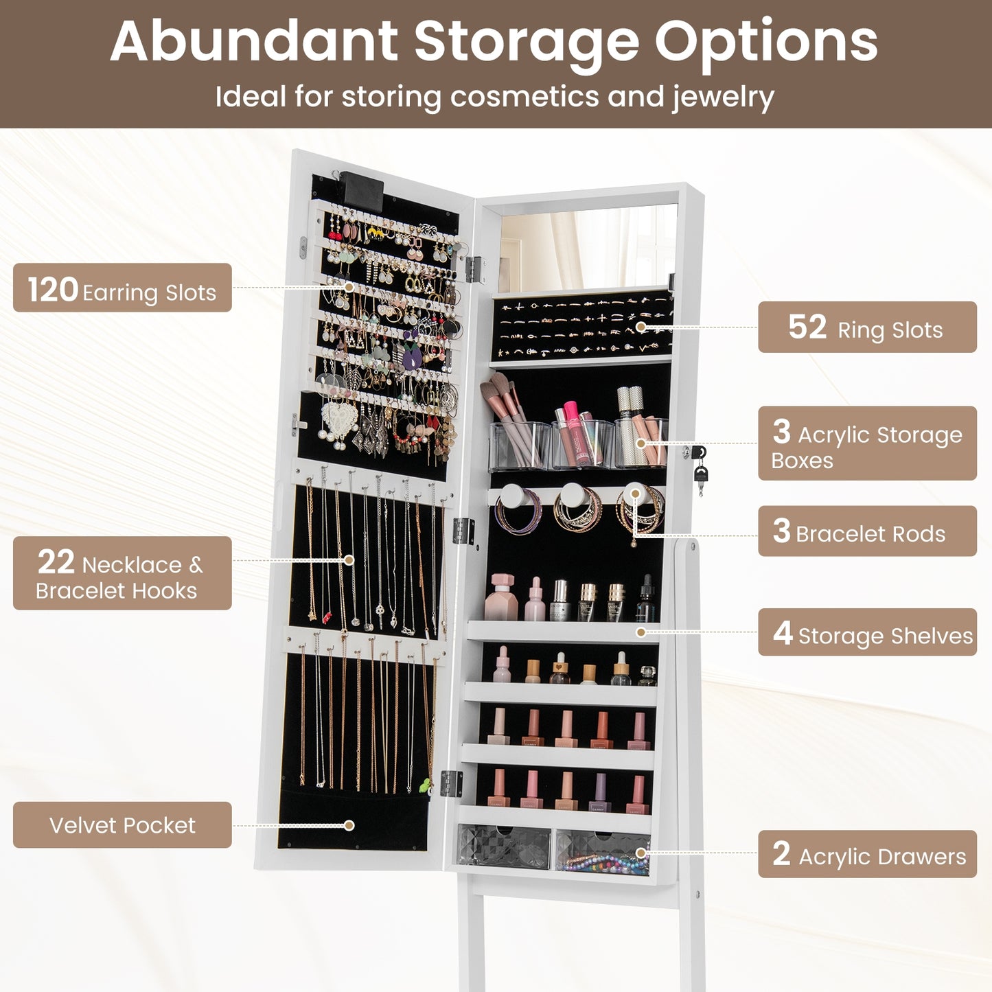 Mirror Jewelry Cabinet with 20 Warm Lights and 4 Tilt Angles, White Floor Mirrors at Gallery Canada