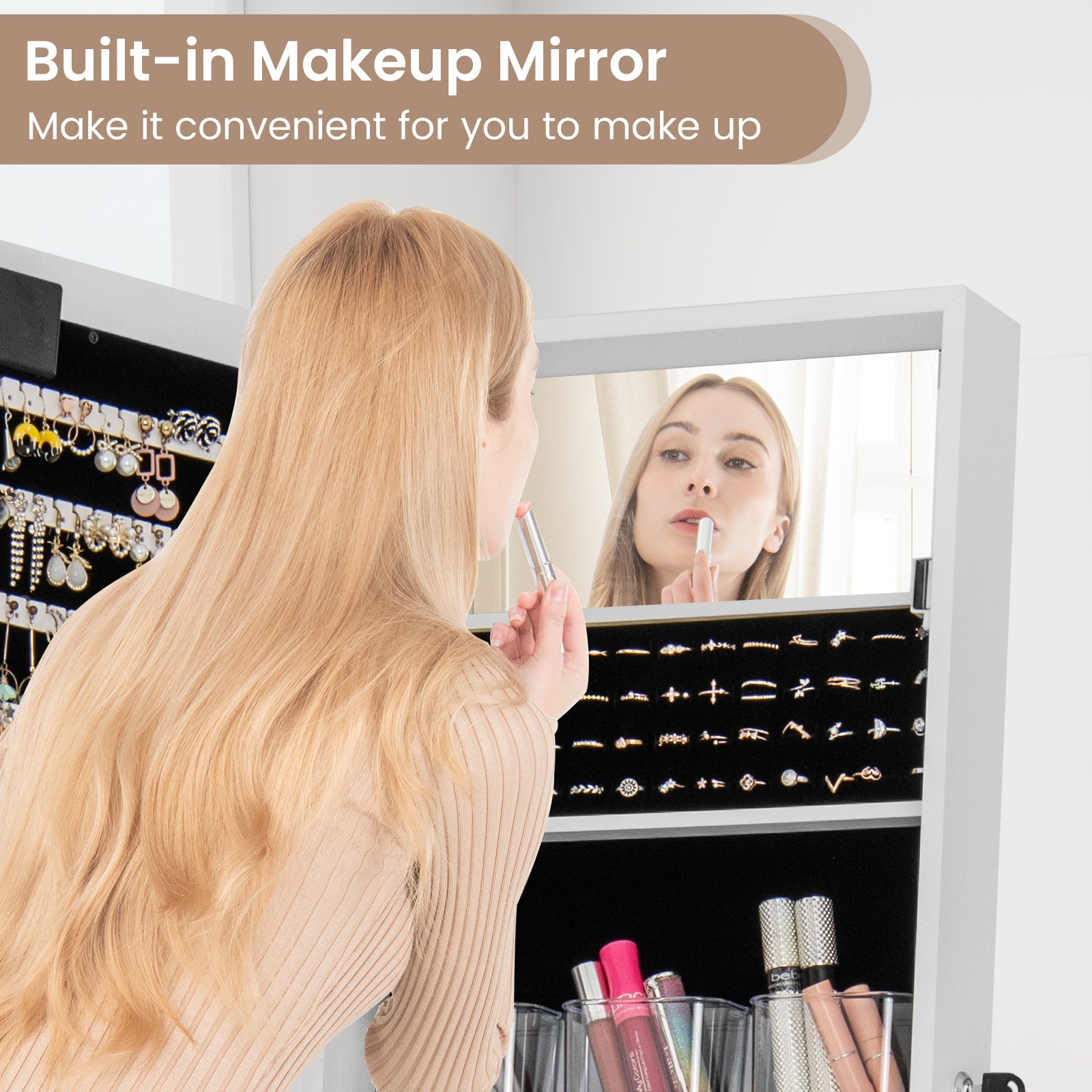 Mirror Jewelry Cabinet with 20 Warm Lights and 4 Tilt Angles, White Floor Mirrors at Gallery Canada