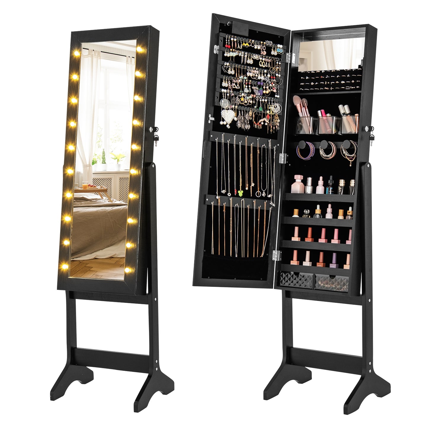 Mirror Jewelry Cabinet with 20 Warm Lights and 4 Tilt Angles, Black Floor Mirrors Black at Gallery Canada