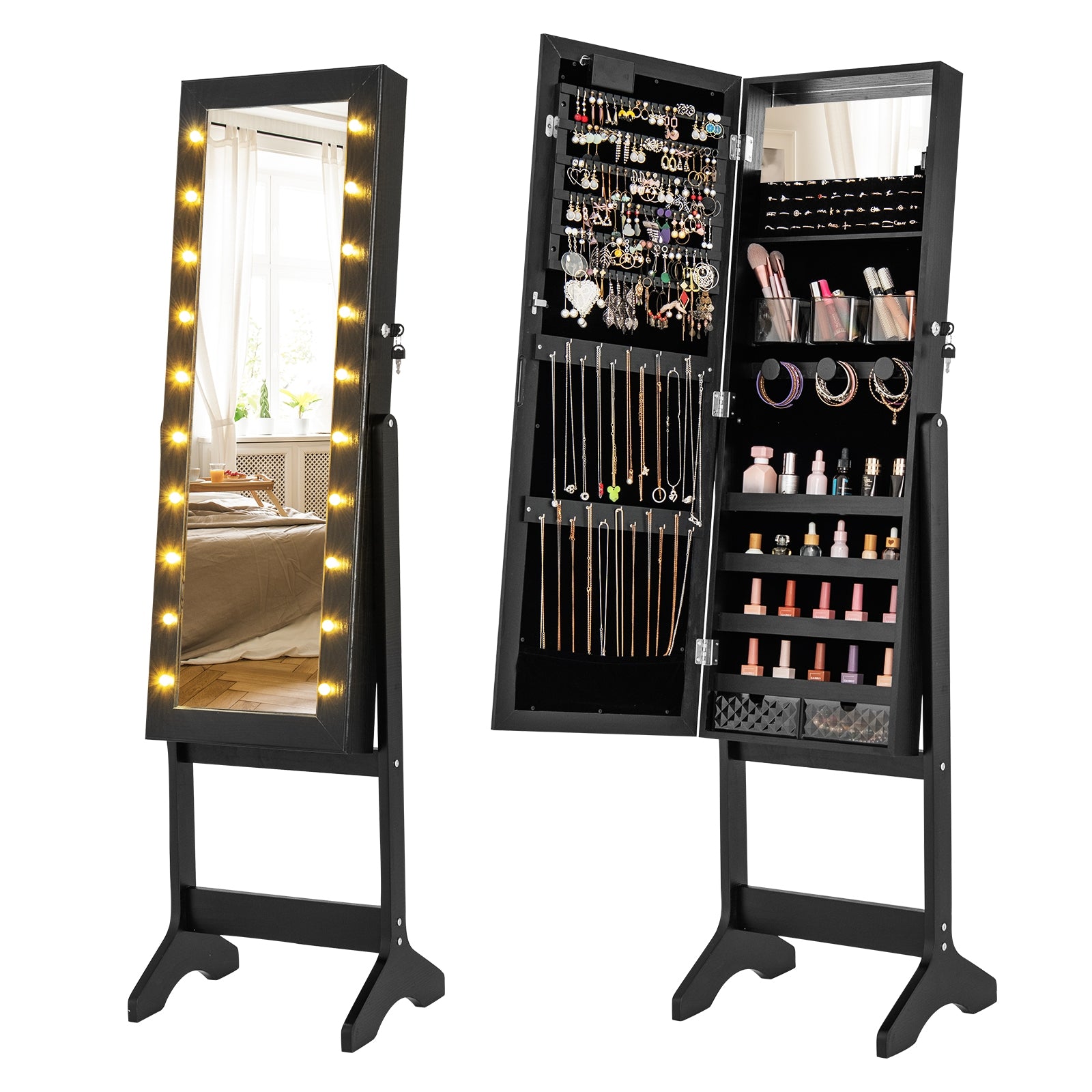 Mirror Jewelry Cabinet with 20 Warm Lights and 4 Tilt Angles, Black Floor Mirrors Black at Gallery Canada