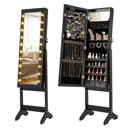 Mirror Jewelry Cabinet with 20 Warm Lights and 4 Tilt Angles, Black Floor Mirrors Black at Gallery Canada