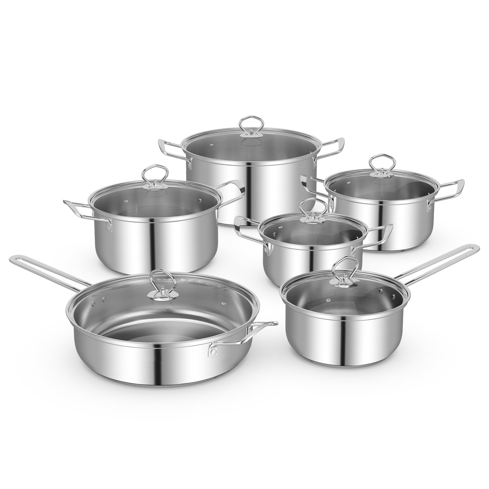 12 Piece Pots And Pans Set, Tempered Glass Lids, Silver Cookware & Bakeware Silver at Gallery Canada