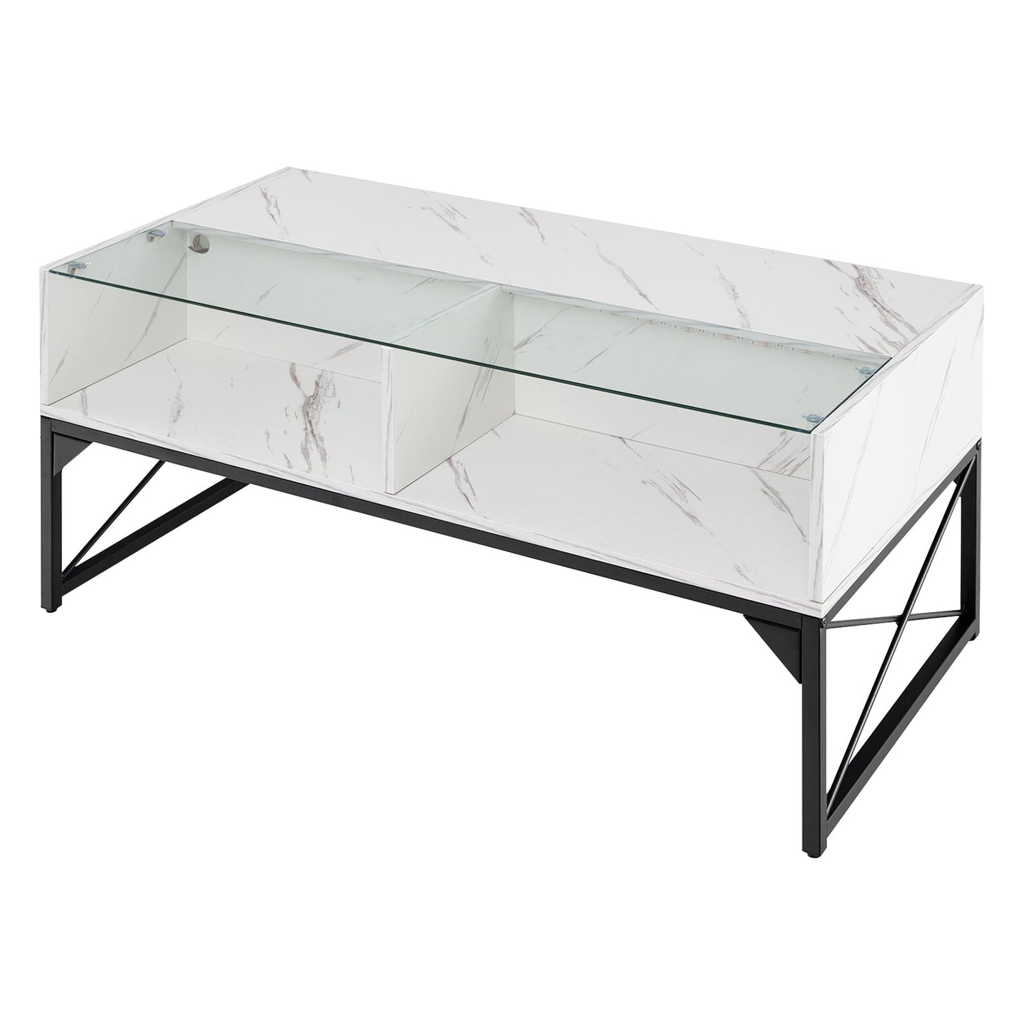 Table centrale, dessus en verre trempé imitation marbre, blanc