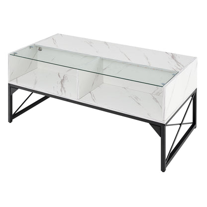 Table centrale, dessus en verre trempé imitation marbre, blanc