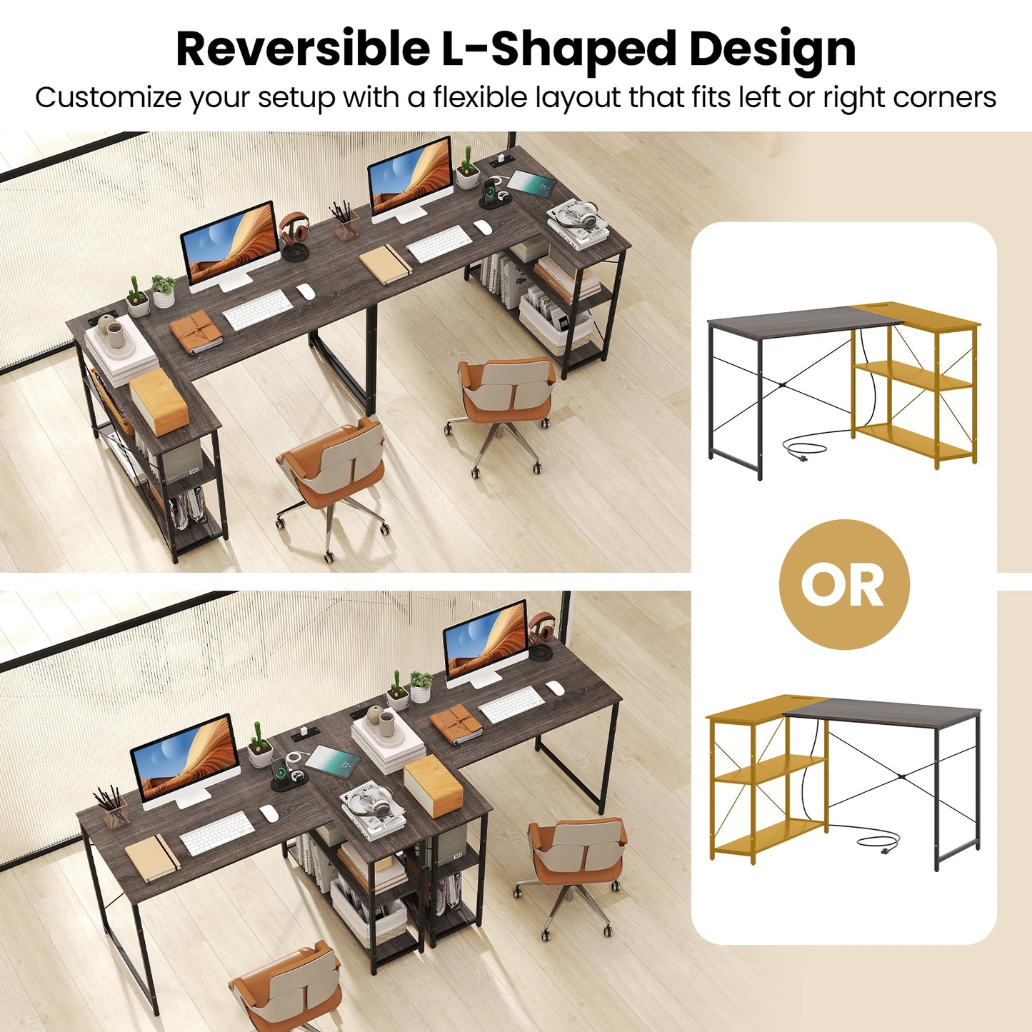 47 Inch L-Shaped Reversible Corner Desk, Adjustable Storage Shelves, Gray L-Shaped Desks at Gallery Canada