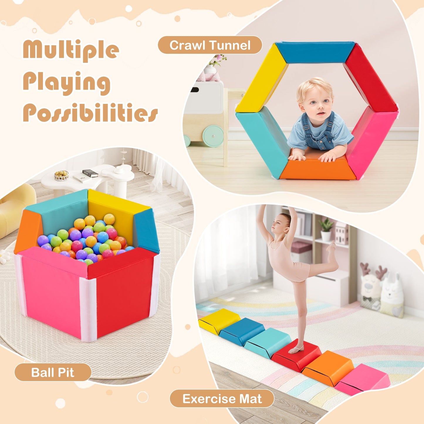 Hexagon Kids Ball Pit Foam Climbing Exercise Mat with Detachable PU Covers, Multicolor Climbers & Slides at Gallery Canada