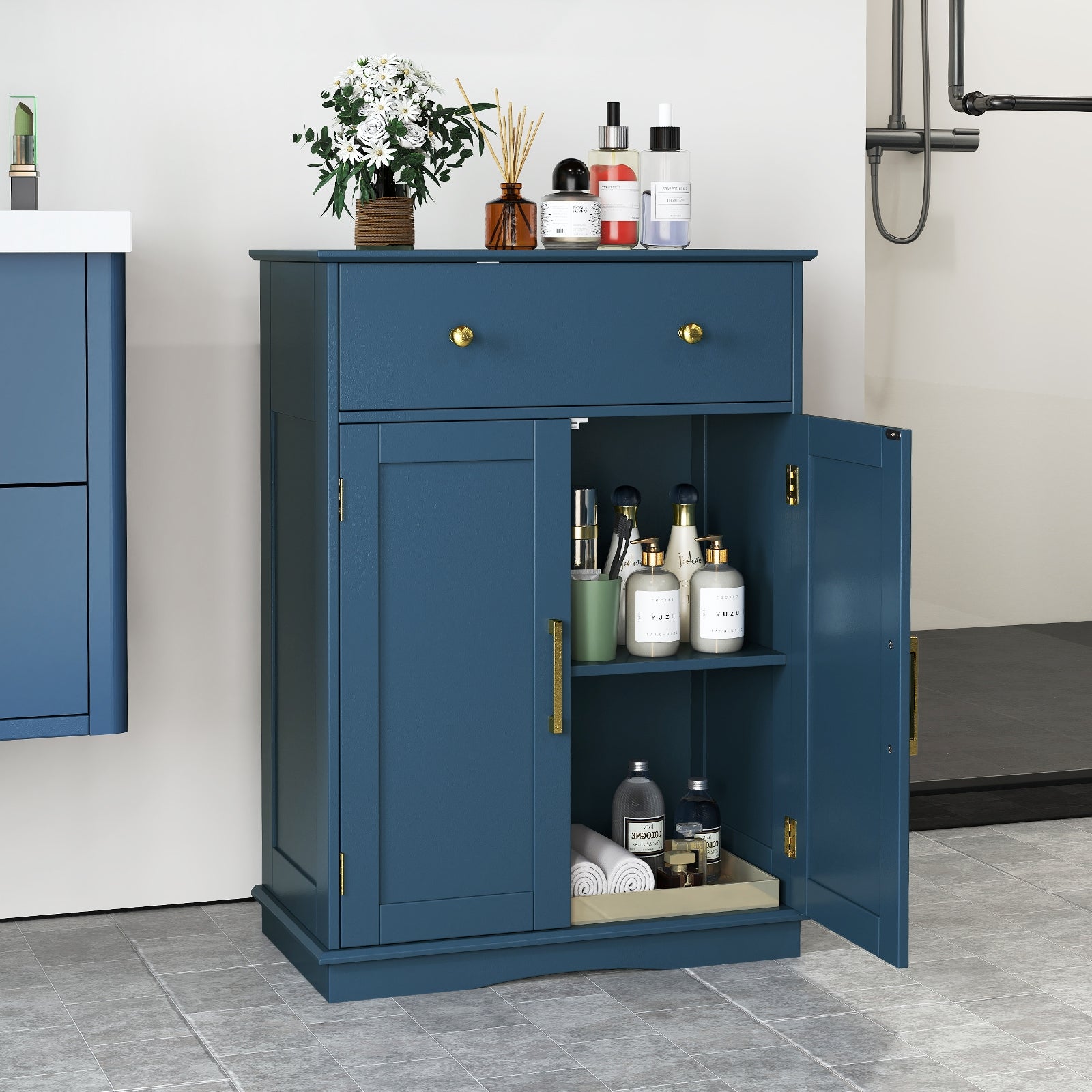 Floor Storage Cabinet with Doors Modern Buffet Sideboard with Drawer and Adjustable Shelf-Navy Blue, Blue Floor Cabinets at Gallery Canada