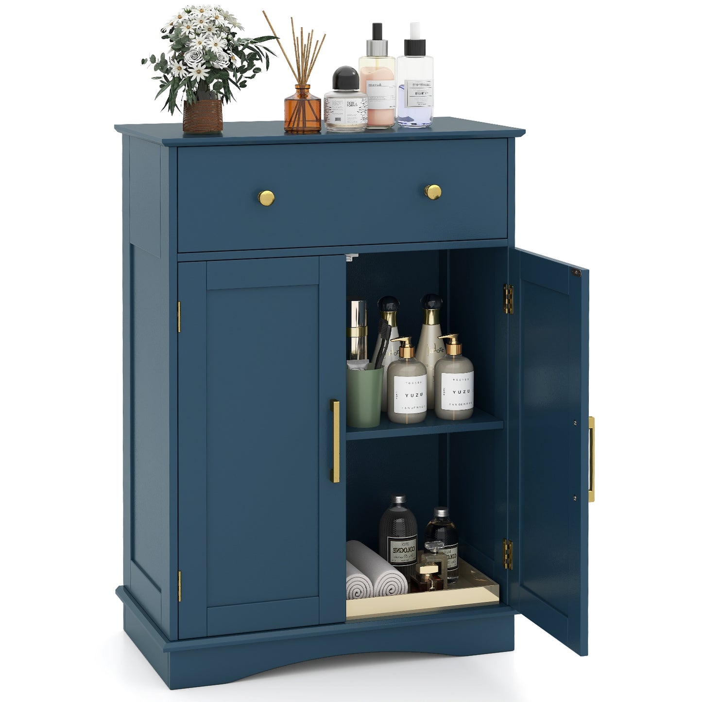 Floor Storage Cabinet with Doors Modern Buffet Sideboard with Drawer and Adjustable Shelf-Navy Blue, Blue Floor Cabinets at Gallery Canada