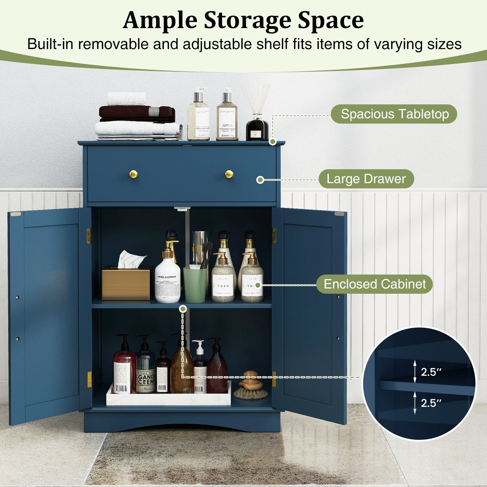 Floor Storage Cabinet with Doors Modern Buffet Sideboard with Drawer and Adjustable Shelf-Navy Blue, Blue Floor Cabinets at Gallery Canada