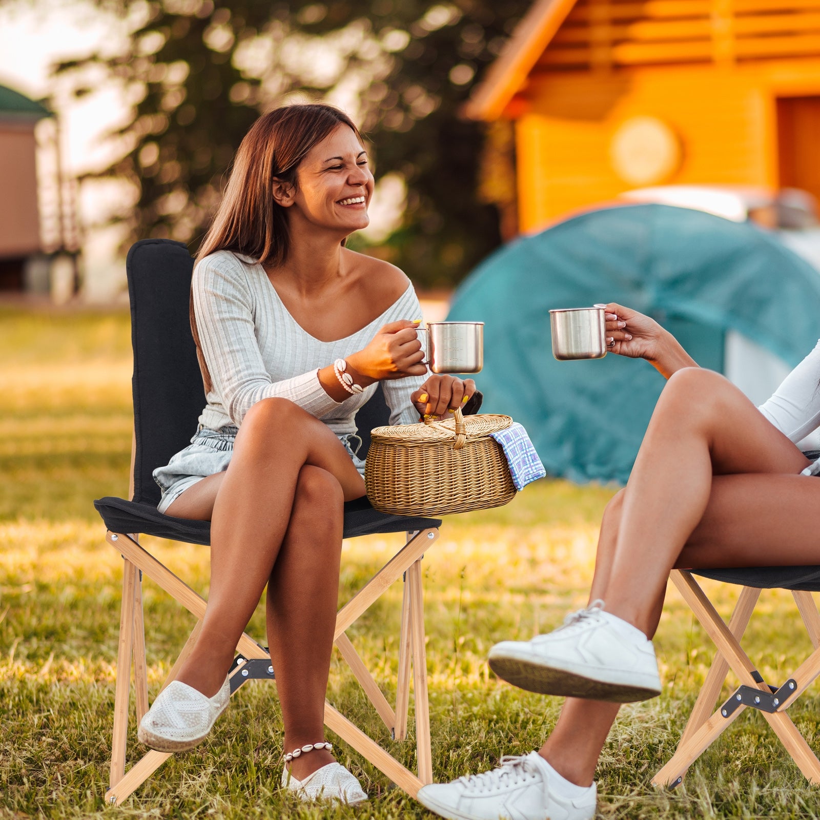 Set of 2 Bamboo Dorm Chair with Storage Pocket for Camping and Fishing, Black Camping Furniture at Gallery Canada