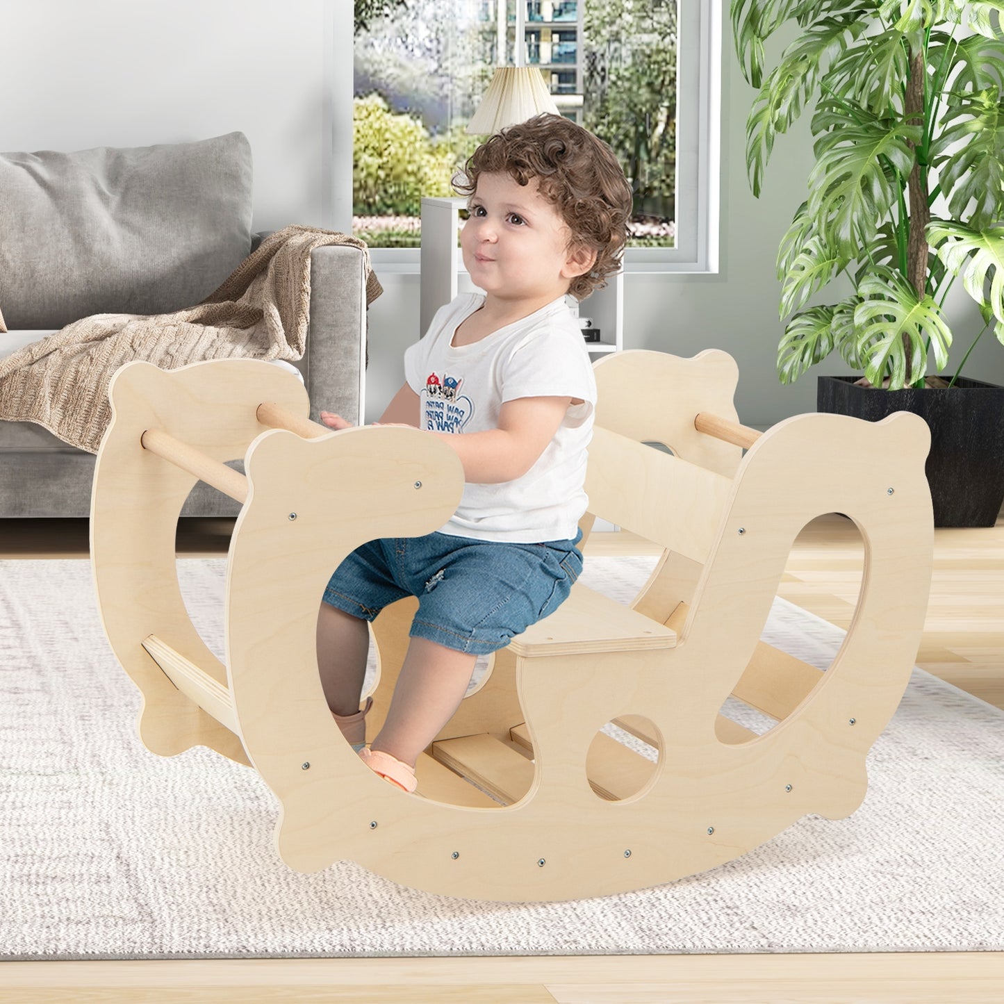 2-in-1 Rocking Horse Arch for Kids Montessori Climbing Toys with Arch Climber, Natural Climbers & Slides at Gallery Canada