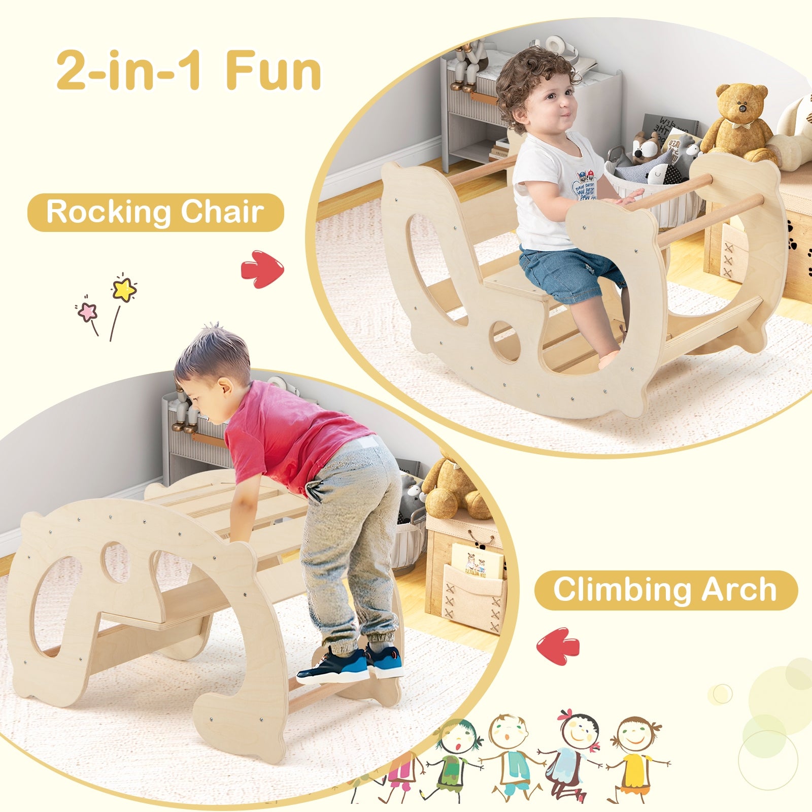 2-in-1 Rocking Horse Arch for Kids Montessori Climbing Toys with Arch Climber, Natural Climbers & Slides at Gallery Canada