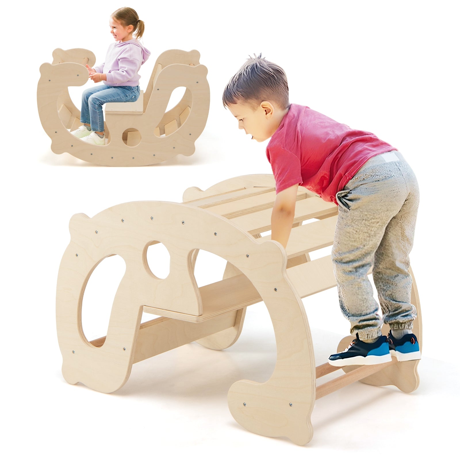 2-in-1 Rocking Horse Arch for Kids Montessori Climbing Toys with Arch Climber, Natural Climbers & Slides at Gallery Canada