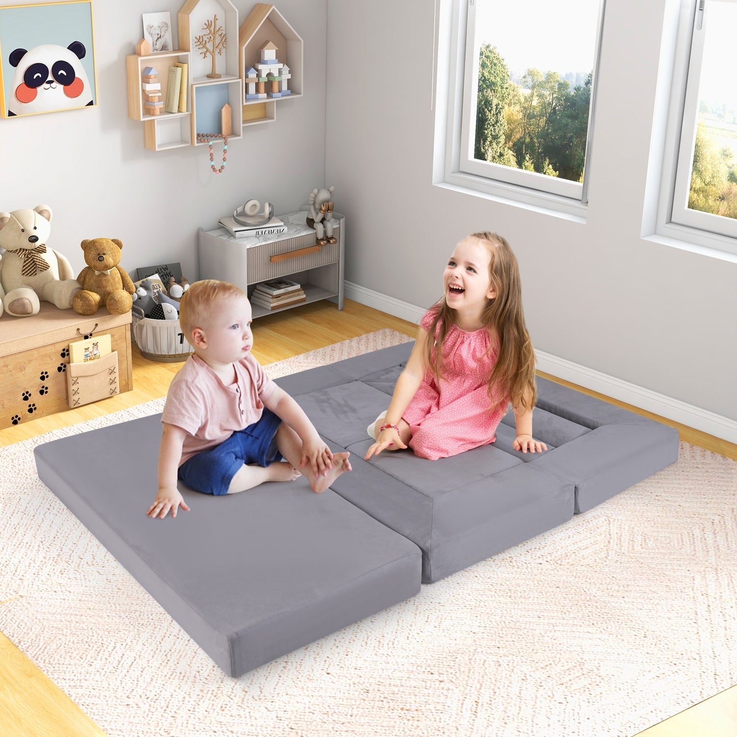 9-Piece Climb and Crawl Foam and Floor Playset with Breathable Suede Fabric, Gray Baby Gyms & Playmats at Gallery Canada
