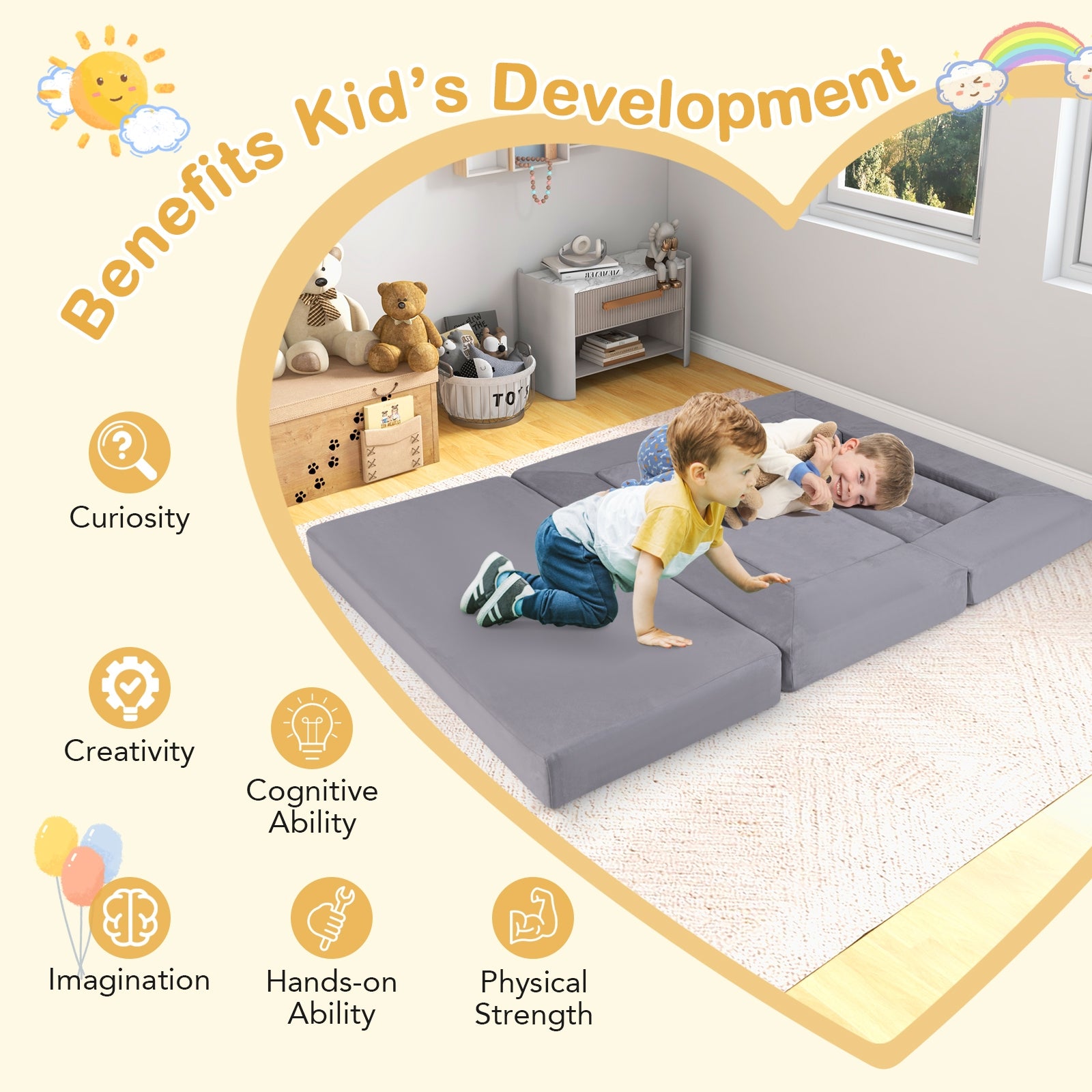 9-Piece Climb and Crawl Foam and Floor Playset with Breathable Suede Fabric, Gray Baby Gyms & Playmats at Gallery Canada