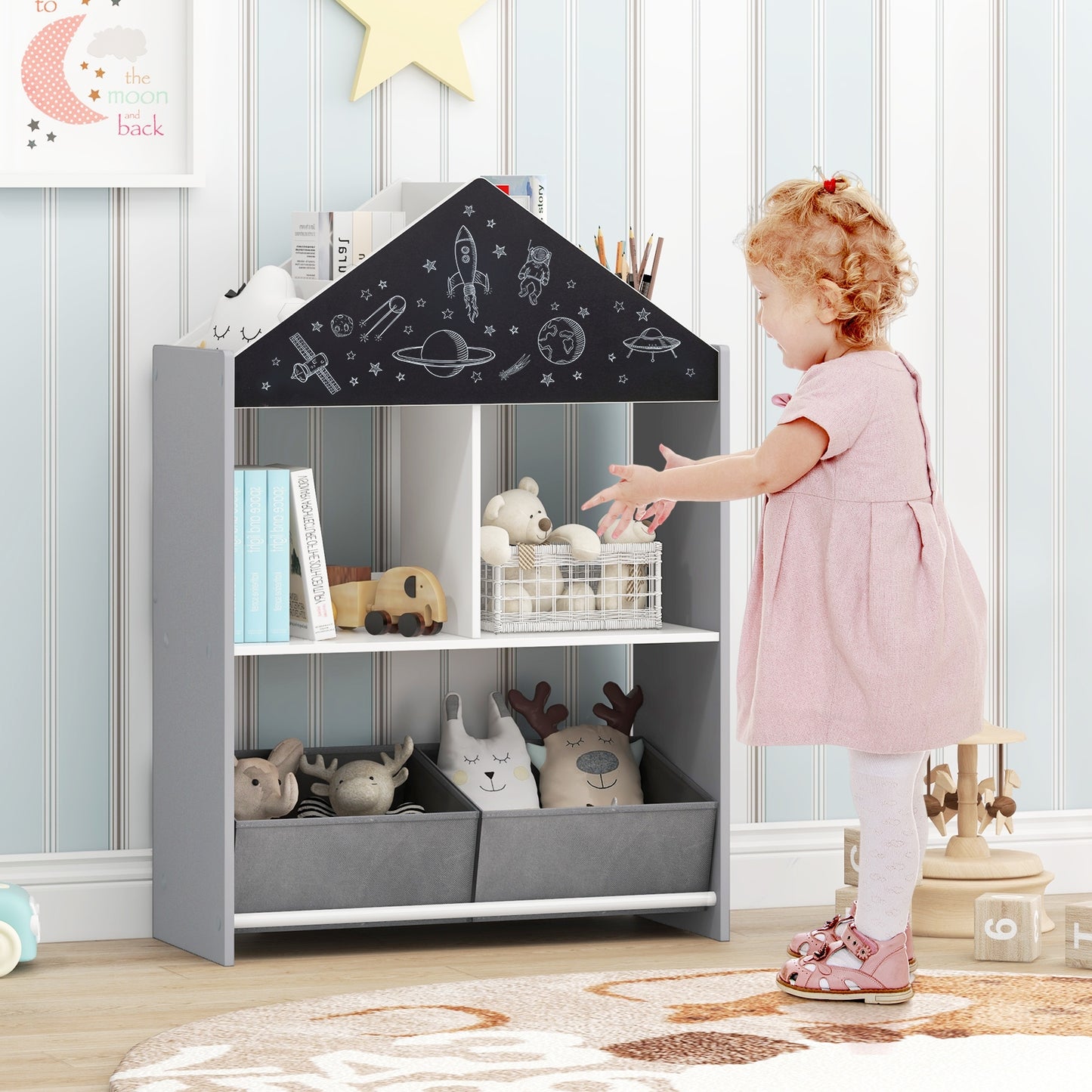 Playhouse Kids Bookshelf with Chalkboard and Whiteboard for 3-6 Years, Gray Kids Storage at Gallery Canada