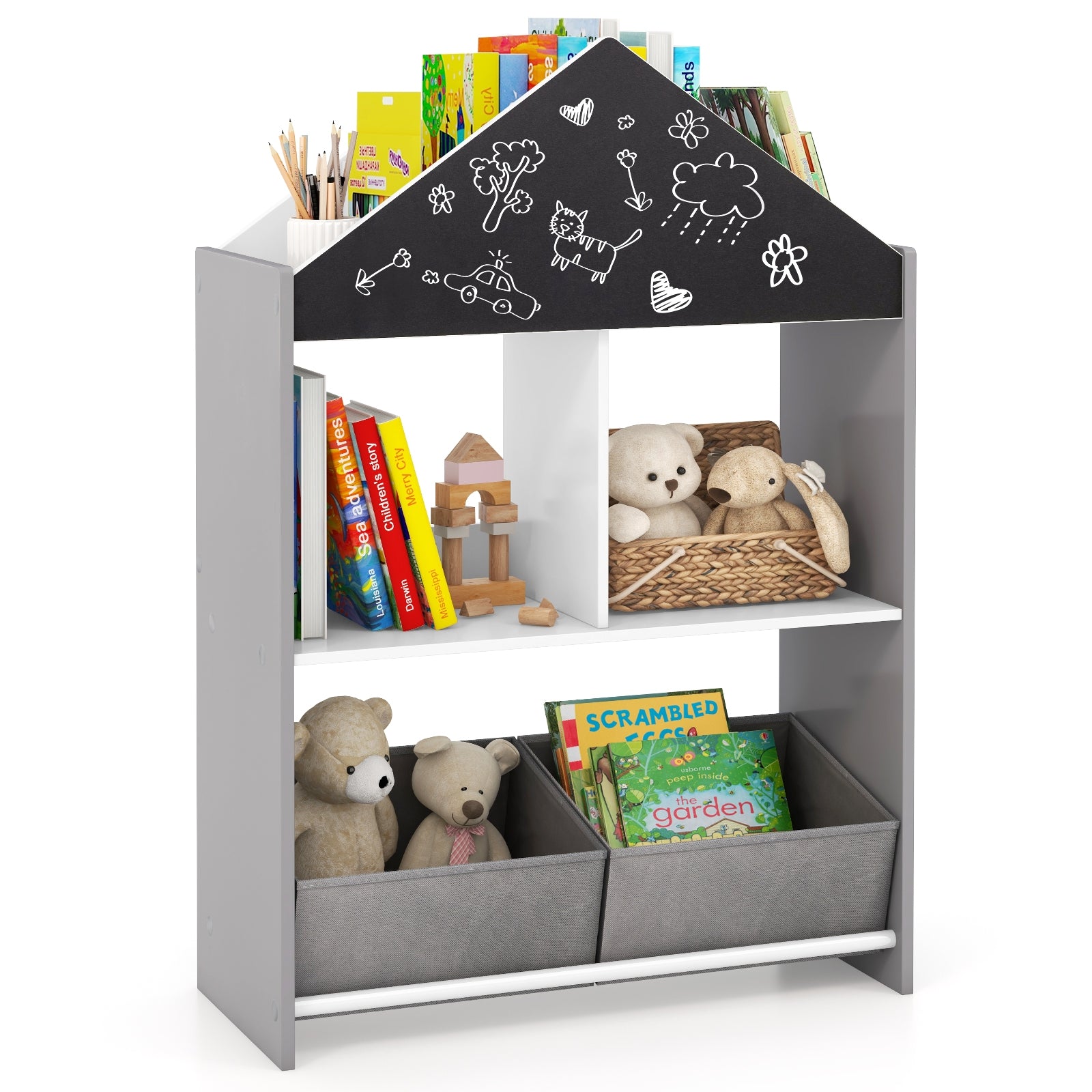 Playhouse Kids Bookshelf with Chalkboard and Whiteboard for 3-6 Years, Gray Kids Storage at Gallery Canada