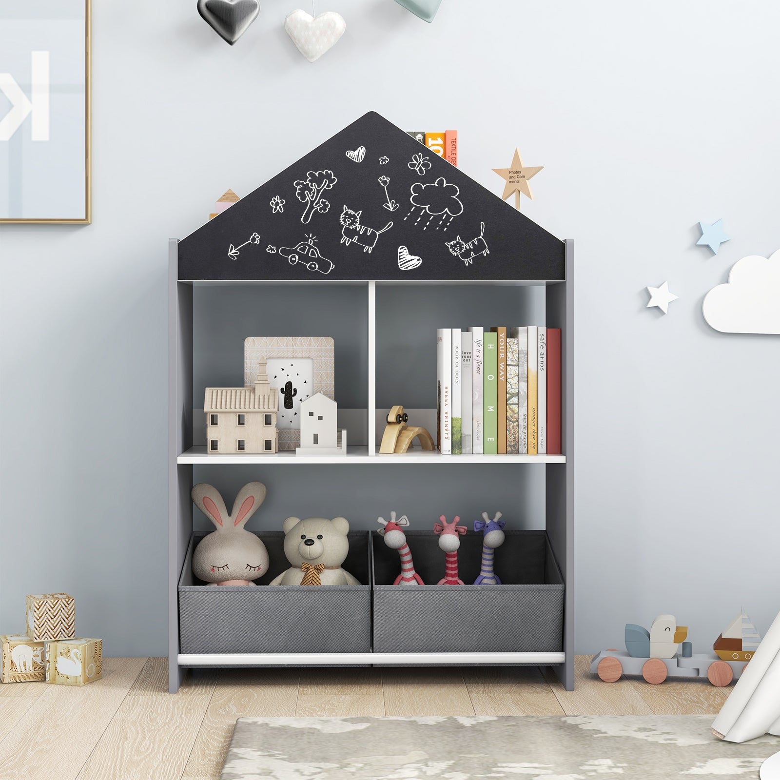 Playhouse Kids Bookshelf with Chalkboard and Whiteboard for 3-6 Years, Gray Kids Storage at Gallery Canada