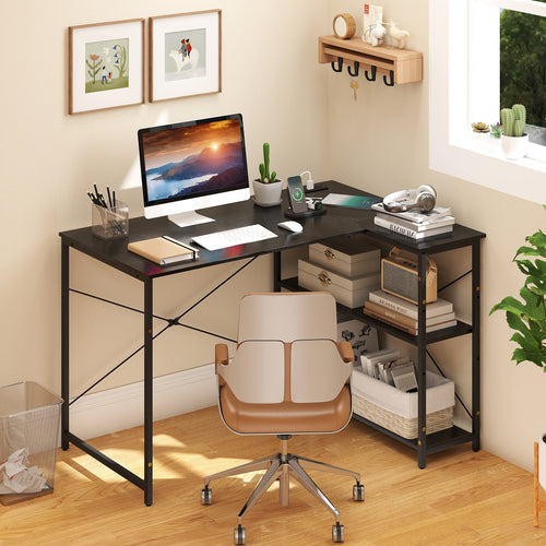 L-shaped 47 Inch Reversible Corner Desk with Adjustable Storage Shelves, Black