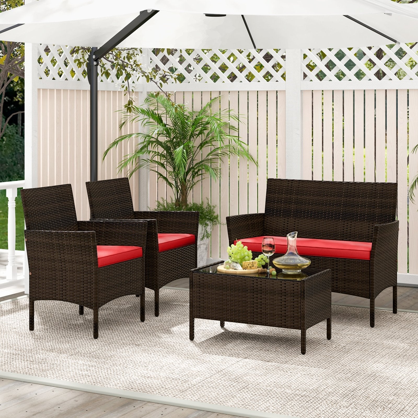4 Piece Patio Rattan Conversation Set with Cozy Seat Cushions, Red Patio Conversation Sets at Gallery Canada