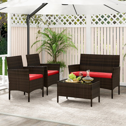 4 Piece Patio Rattan Conversation Set with Cozy Seat Cushions, Red Patio Conversation Sets at Gallery Canada