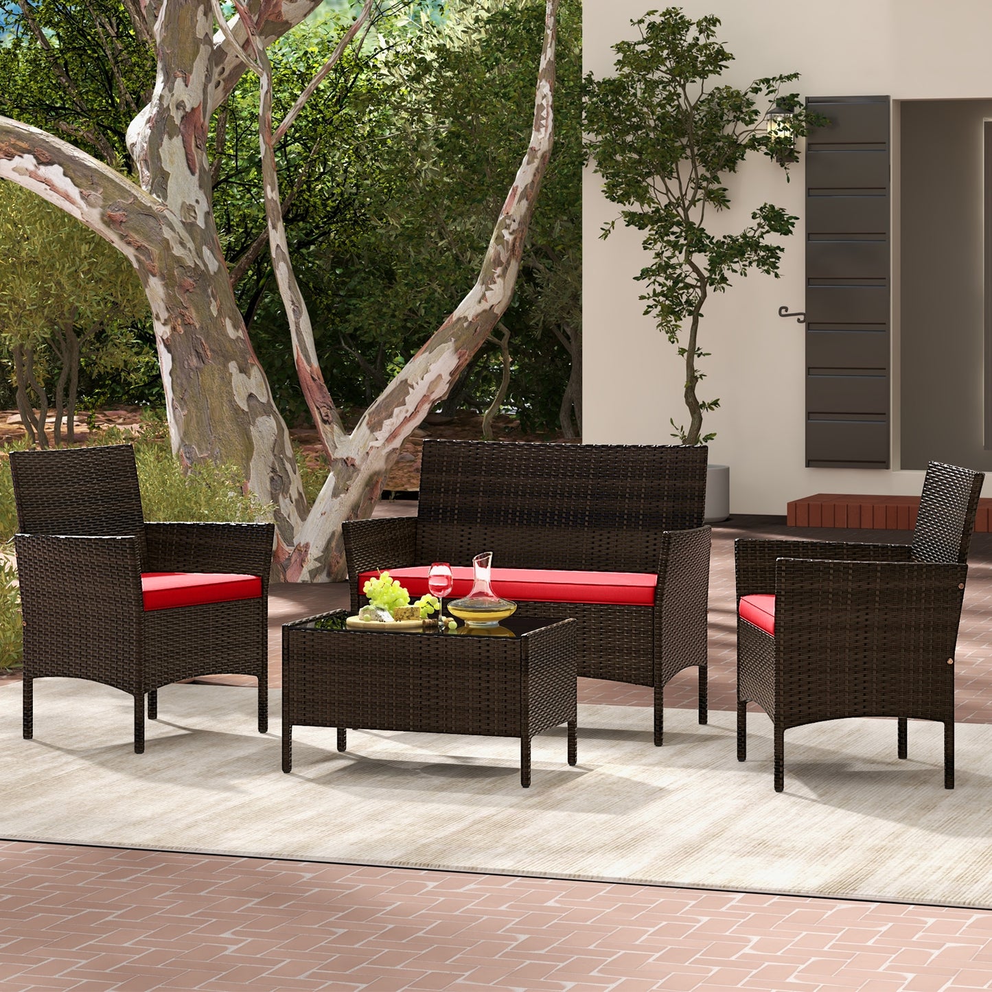 4 Piece Patio Rattan Conversation Set with Cozy Seat Cushions, Red Patio Conversation Sets at Gallery Canada