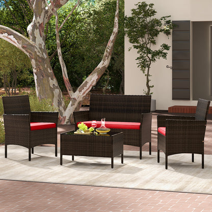4 Piece Patio Rattan Conversation Set with Cozy Seat Cushions, Red Patio Conversation Sets at Gallery Canada