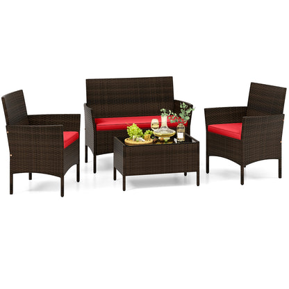 4 Piece Patio Rattan Conversation Set with Cozy Seat Cushions, Red Patio Conversation Sets at Gallery Canada