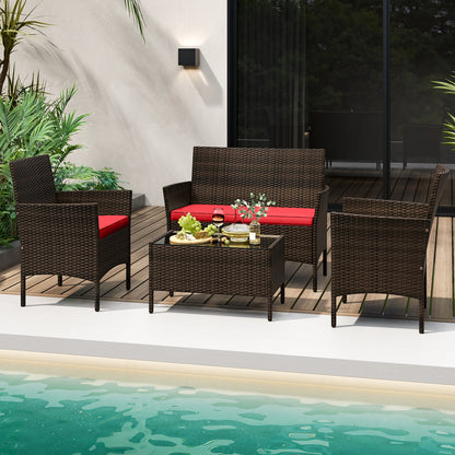 4 Piece Patio Rattan Conversation Set with Cozy Seat Cushions, Red Patio Conversation Sets at Gallery Canada
