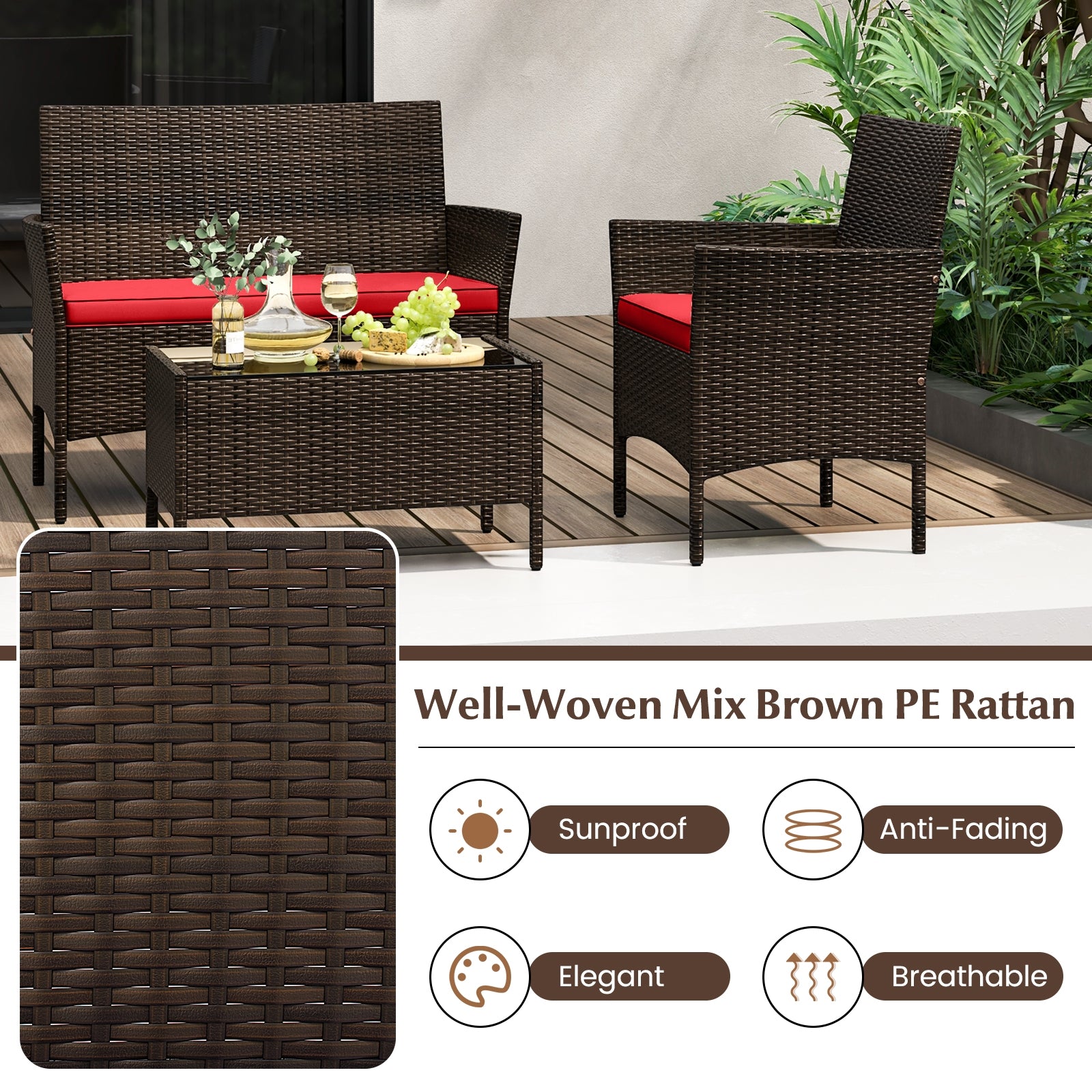 4 Piece Patio Rattan Conversation Set with Cozy Seat Cushions, Red Patio Conversation Sets at Gallery Canada